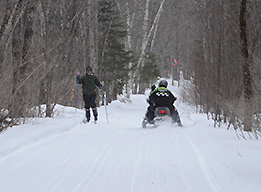 Meeting cross country skier on trail